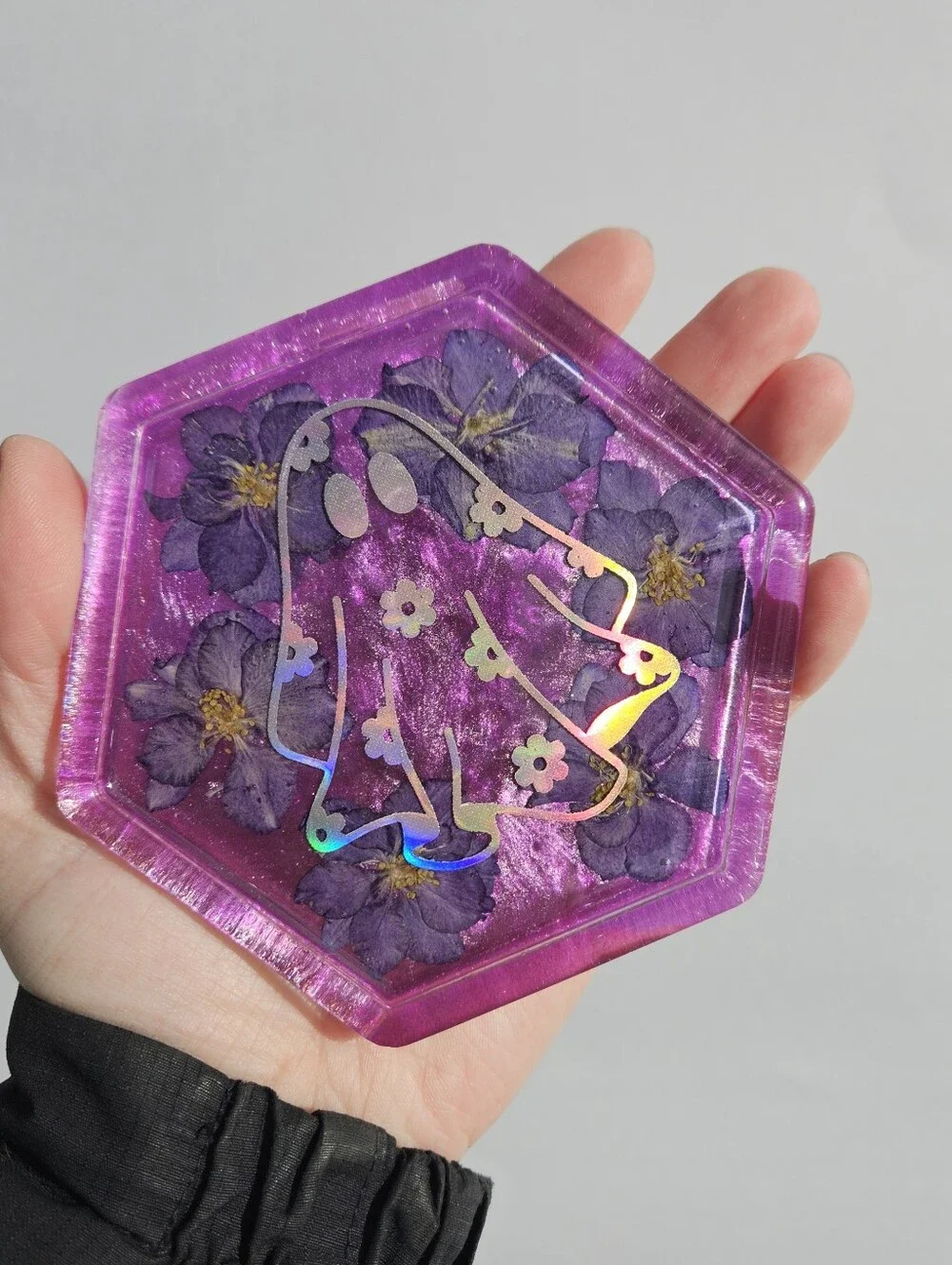 Handmade Purple Hexagon Resin Coaster with Holographic Ghost Design Whimsigoth